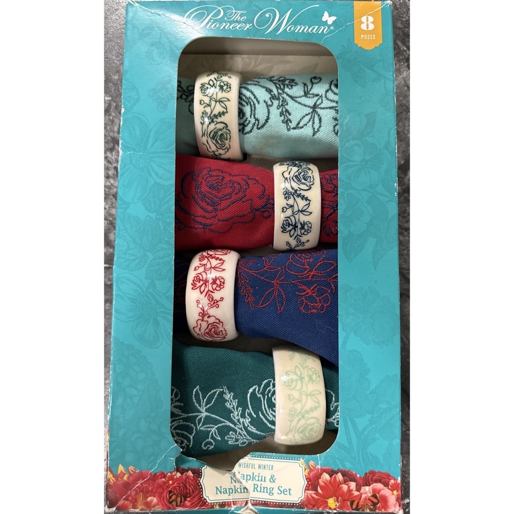 Pioneer Woman Holiday Wishful Winter Napkins With Rings 8pc Set‎ Red Blue Green